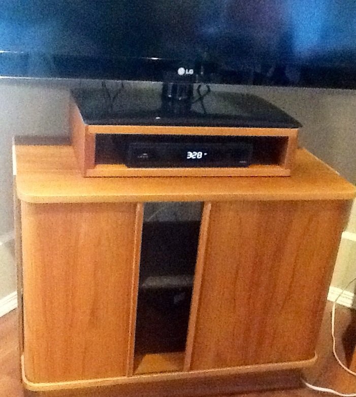 repurposing an outdated entertainment unit, TV stand with tamboured doors great storage