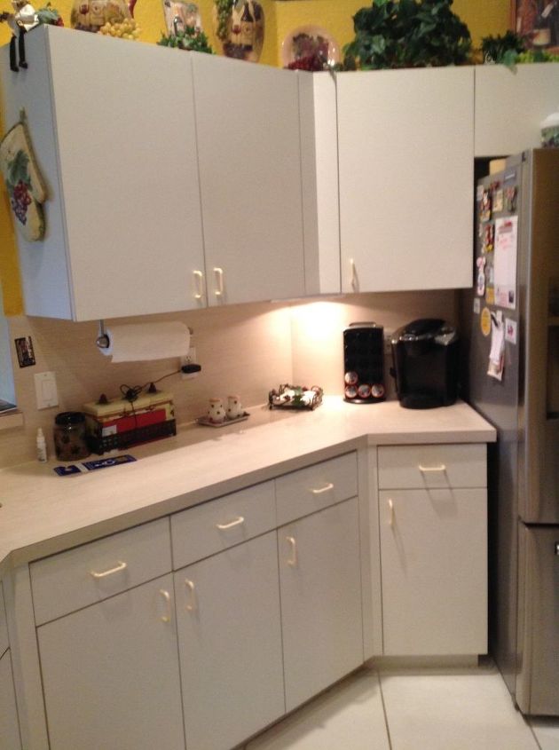how can i update my plain white formica cabinets plz help, This is my out dated kitchen cabinets