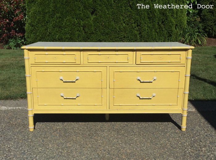 before after navy faux bamboo dresser, painted furniture