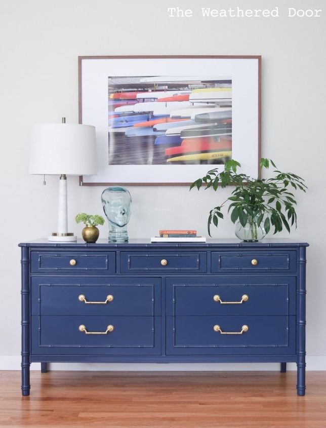 before after navy faux bamboo dresser, painted furniture