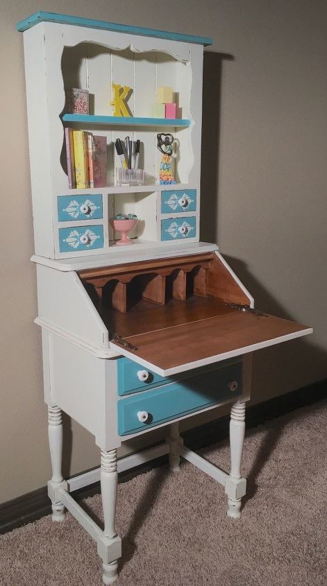 Updated This Old Desk Hutch With Paint And Stencil Hometalk