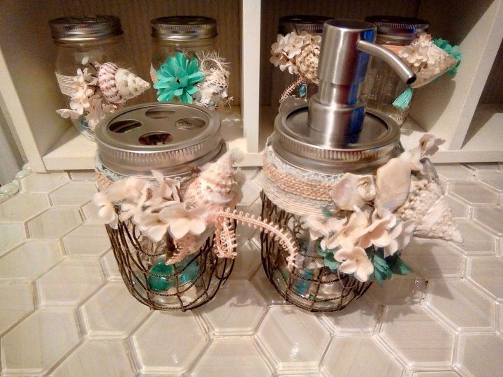 mason jar beach themed dispensers and toothbrush holders, crafts, how to, mason jars, repurposing upcycling