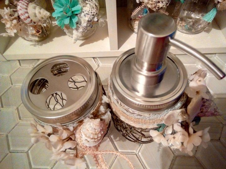 mason jar beach themed dispensers and toothbrush holders, crafts, how to, mason jars, repurposing upcycling