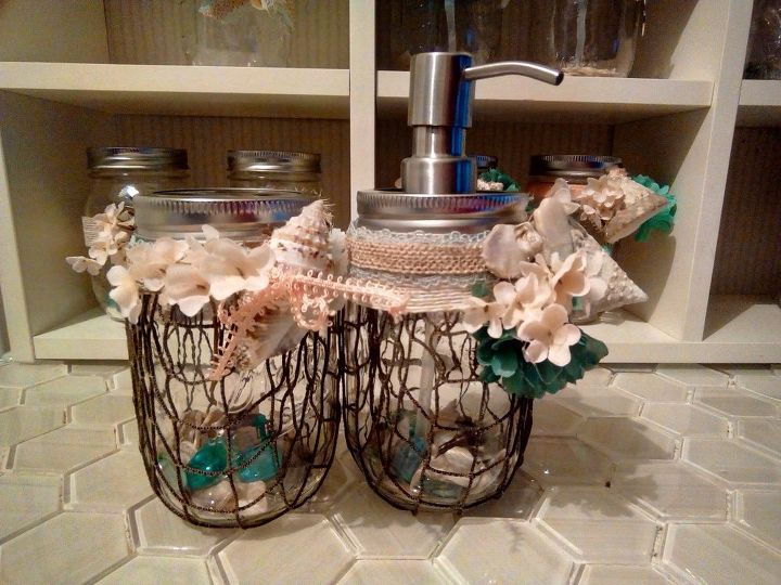 mason jar beach themed dispensers and toothbrush holders, crafts, how to, mason jars, repurposing upcycling