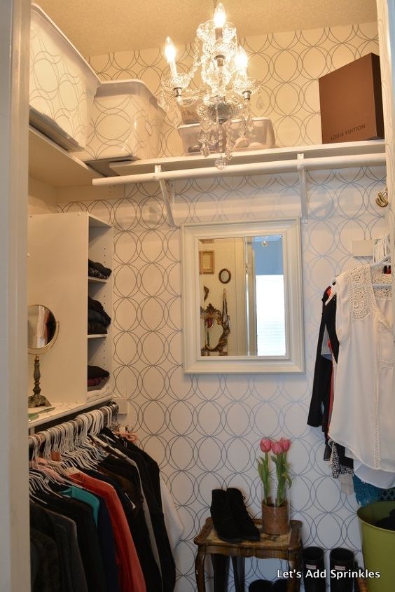 glamorous closet makeover, bedroom ideas, closet, lighting, organizing, wall decor