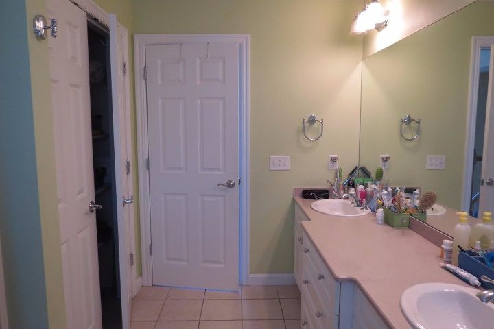 diy bathroom makeover, bathroom ideas, shelving ideas, Pink ish Corian counter tops and green walls
