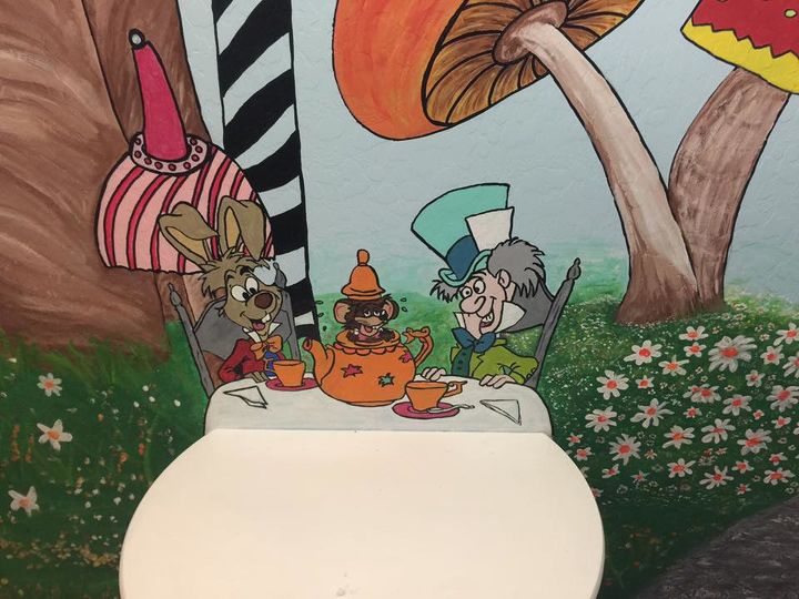 alice in wonderland under the stairs play space, entertainment rec rooms, painting, stairs