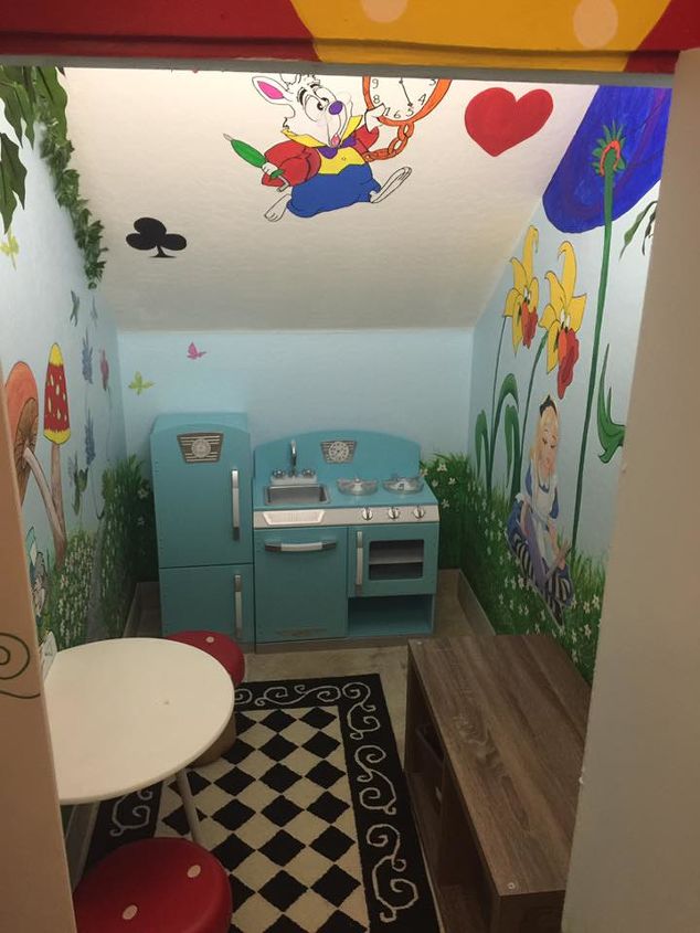 alice in wonderland under the stairs play space, entertainment rec rooms, painting, stairs