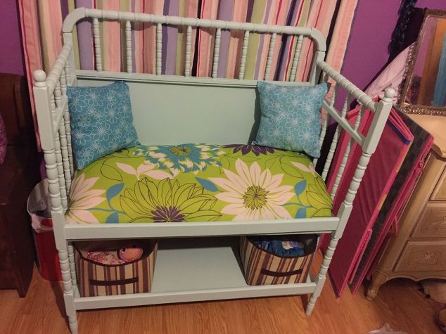 s here s why you shouldn t throw out your old changing table, painted furniture, repurposing upcycling, This one was made into a bench