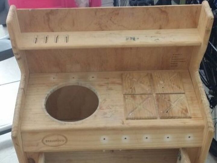 q does anyone have any ideas for this children kitchenette set , crafts, repurpose unique pieces, repurposing upcycling, I think the wood burners are glued on but I m afraid to remove them I don t want to ruin the wood so I think I want to leave them