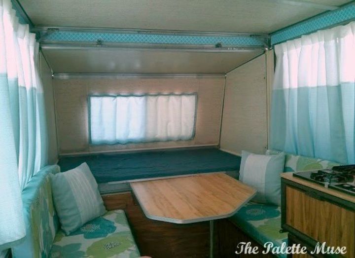 s 10 incredible camper makeovers you ll wish you d seen sooner, The cute cushions made with shower curtains