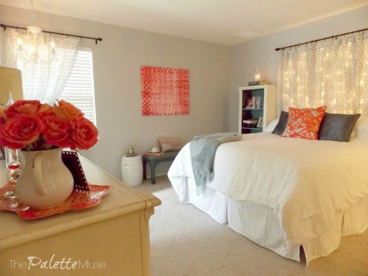 s 17 practical bedroom updates that also look amazing, bedroom ideas, woodworking projects, A string light headboard as a focal point
