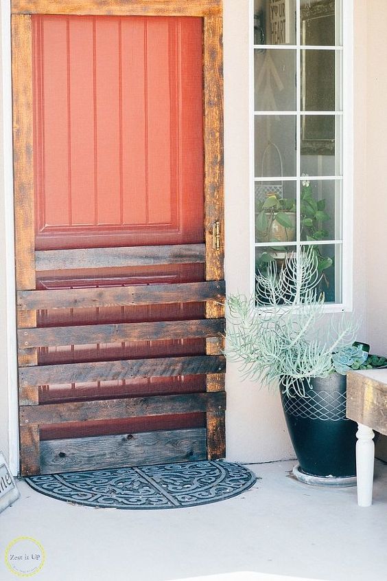 s 13 unique ways to make your front door stand out, curb appeal, doors, Turn pallet boards into a burnt screen door