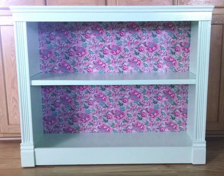 neglected bookshelf puts her tea party dress on, decoupage, painted furniture, shelving ideas