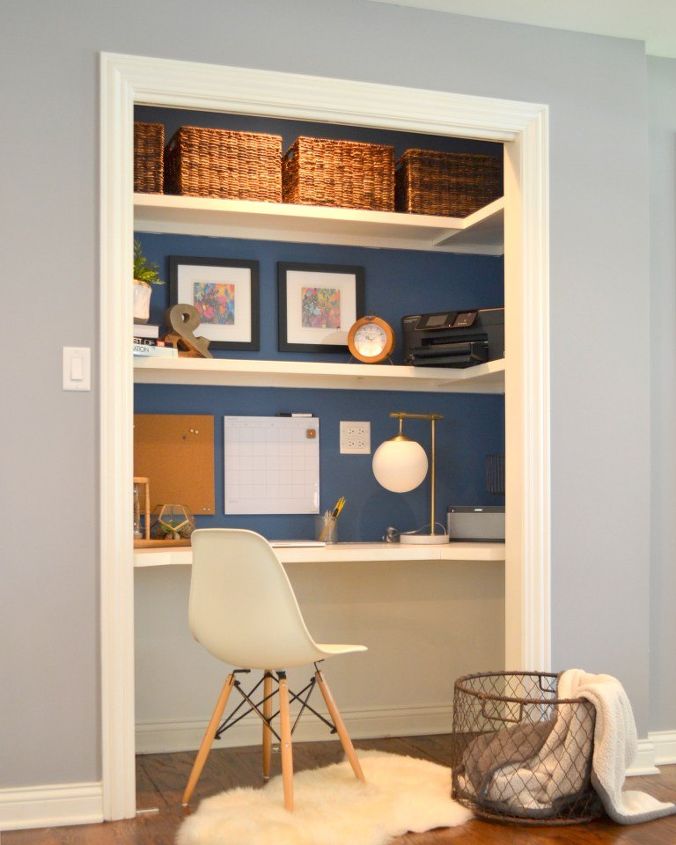 closet desk makeover, closet, home office, painting, storage ideas