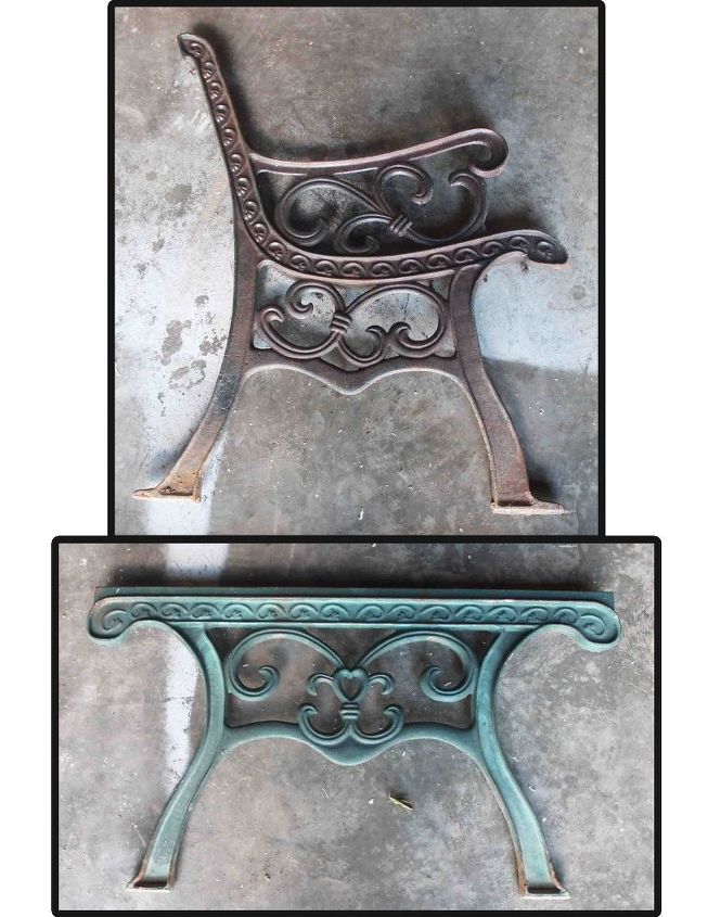 banco y mesa de hierro en silla y otomana