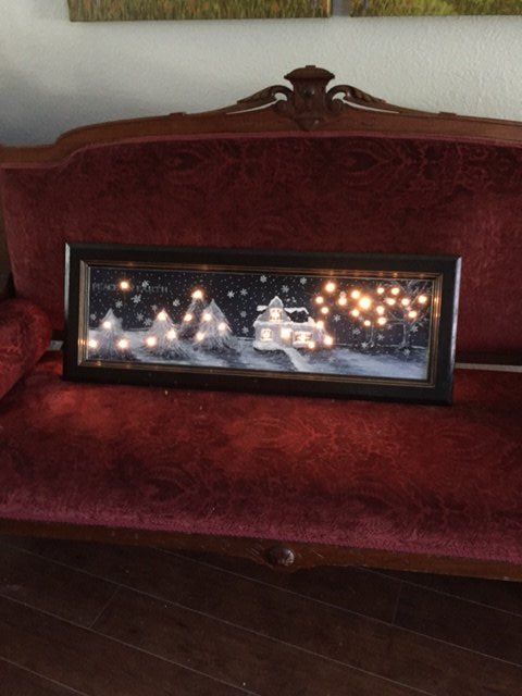 christmas scene with lights using an old kitchen cabinet door , crafts, doors, kitchen cabinets, lighting, painting