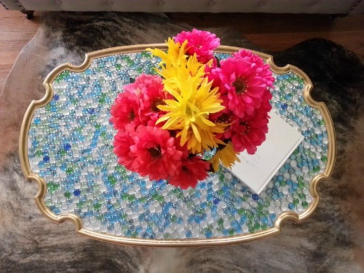 s your quick catalog of gorgeous coffee table makeover ideas, painted furniture, This colorful gem top with gold paint