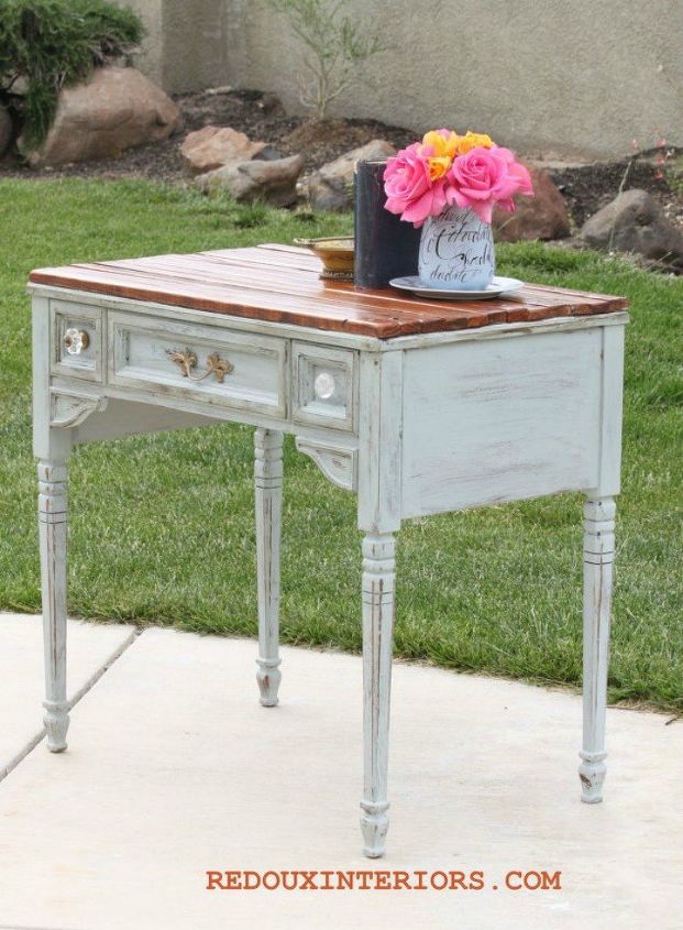 s 12 wildly creative ways to use your old sewing table, painted furniture, Give it a rustic top