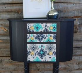 s 12 wildly creative ways to use your old sewing table, painted furniture, Decoupage it with colorful fabric