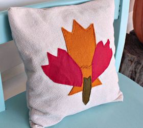 fall themed maple leaf appliqu d pillow made from fabric scraps , crafts, how to, seasonal holiday decor, reupholster