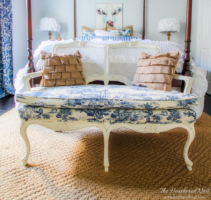 loveseat toile fabric makeover, bedroom ideas, dining room ideas, home decor, painted furniture, reupholster