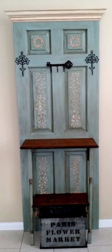 old door transformed to hall tree coat rack