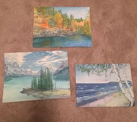 q how to display paintings with out frames, wall decor, These are just a few of the paintings There are about 8 more They are all of Lake Superior or Marquette MI