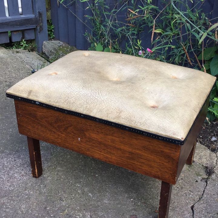 sewing box stool, painting, reupholstoring, reupholster