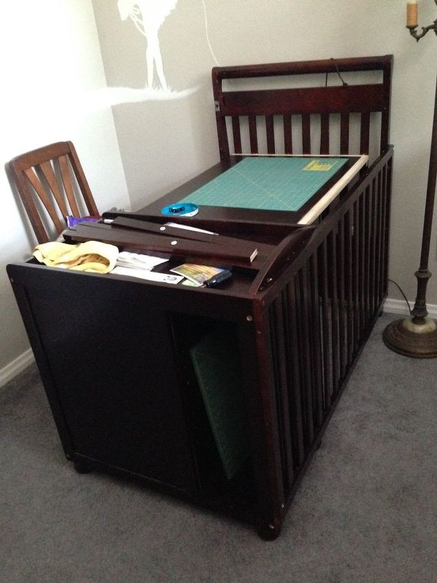 repurposed baby crib sewing table, bedroom ideas, painted furniture