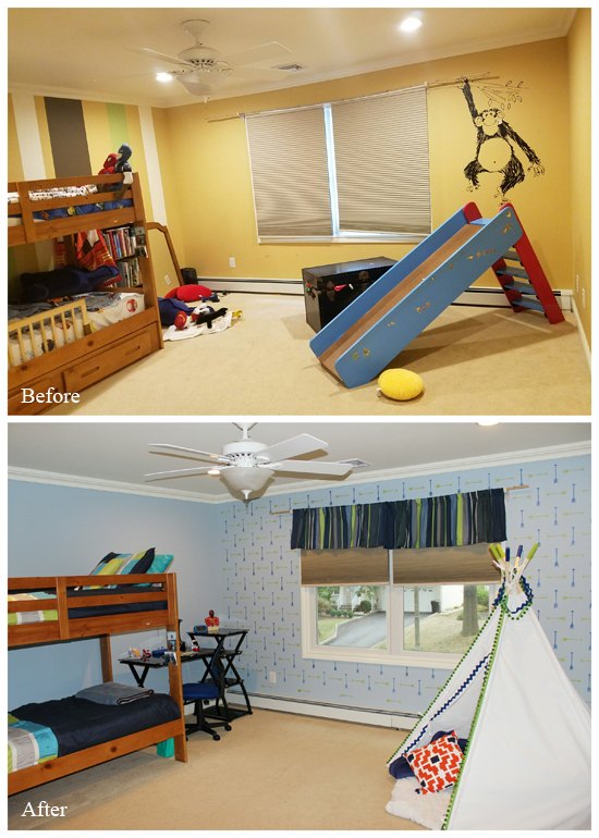 before and after an arrow stenciled boys bedroom, bedroom ideas, home decor, painting, wall decor