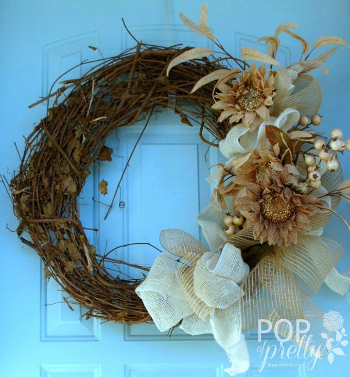 s your quick catalog of gorgeous fall wreaths, crafts, wreaths, This beige toned one with burlap sunflowers