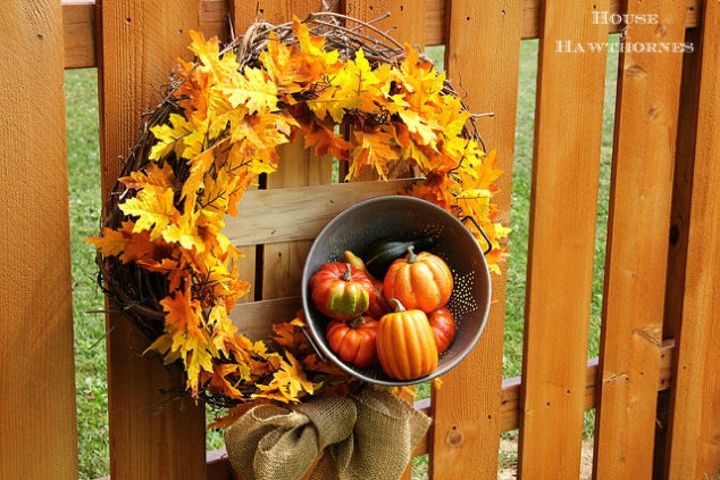 s your quick catalog of gorgeous fall wreaths, crafts, wreaths, This leaf one with a collander of pumpkins