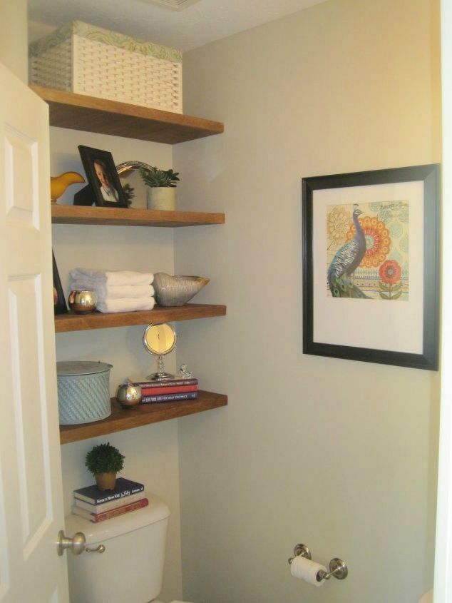 s 11 space saving hacks for your tiny bathroom, bathroom ideas, Build floating shelves for more storage