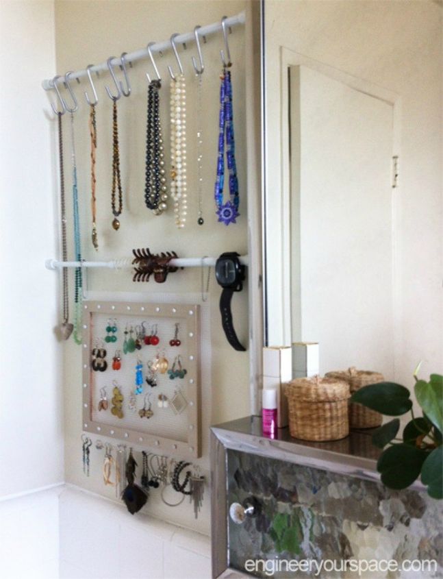 s 11 space saving hacks for your tiny bathroom, bathroom ideas, Hang tension rods in place of a jewelry box