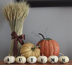autumn spelled out on tiny white pumpkins, crafts, seasonal holiday decor