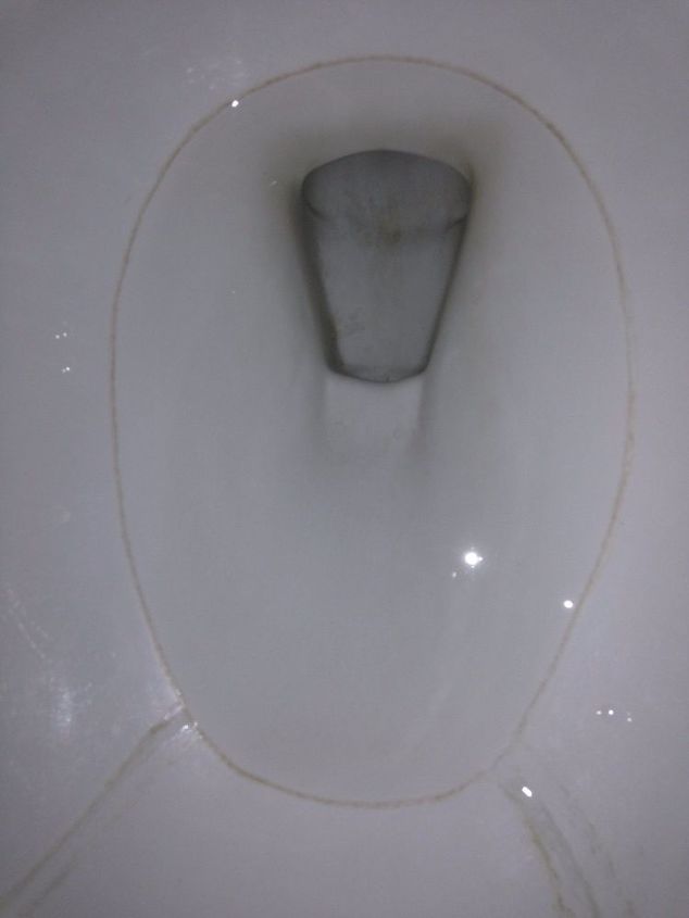 getting a stain out of toilet bowls, Shows where ring goes around at water level I have even tried turn water off so it can t fill and literally scrubed by hand with comet and left bleach all around No luck HELP