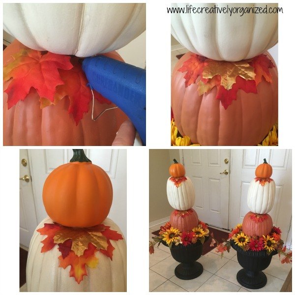 elegant diy fall pumpkin topiary, crafts, seasonal holiday decor, Hot gluing leaf decorations