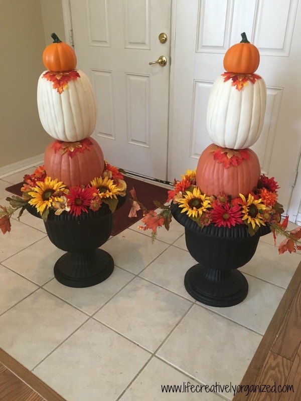 elegant diy fall pumpkin topiary, crafts, seasonal holiday decor, Finished pumpkin topiaries