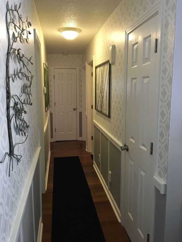 stenciled hallway finally finished, wall decor, Thrift Store Metal Pieces as art