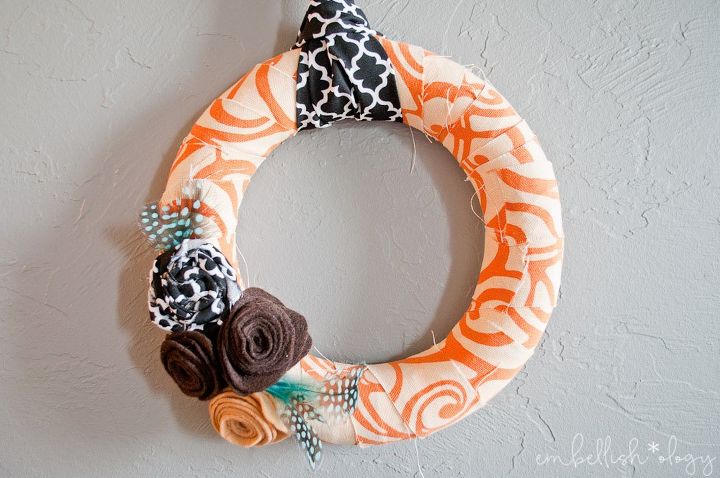 fabric wrapped fall wreath with flower embellishents, crafts, home decor, wreaths