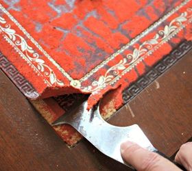 removing damaged leather from a desk, painted furniture