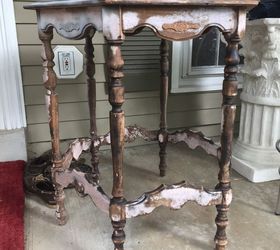 q what to do to this interesting old table , painted furniture, painting wood furniture, This table was stripped and perhaps not cleaned well enough Some residual whiteish stuff has appeared while in storage