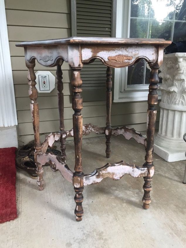 q what to do to this interesting old table , painted furniture, painting wood furniture, This table was stripped and perhaps not cleaned well enough Some residual whiteish stuff has appeared while in storage