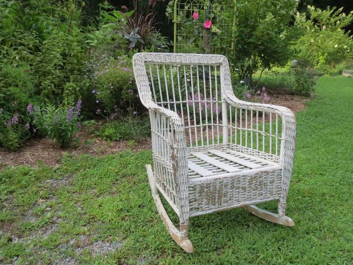 wicker rocker resurrected, painted furniture, Sturdy but cosmetically damaged