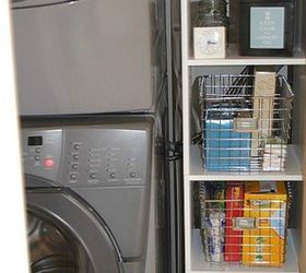 s 10 space saving hacks for your small laundry room, laundry rooms, Add some narrow cubbies and basket