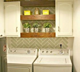 s 10 space saving hacks for your small laundry room, laundry rooms, Install two cabinets with shelves in between