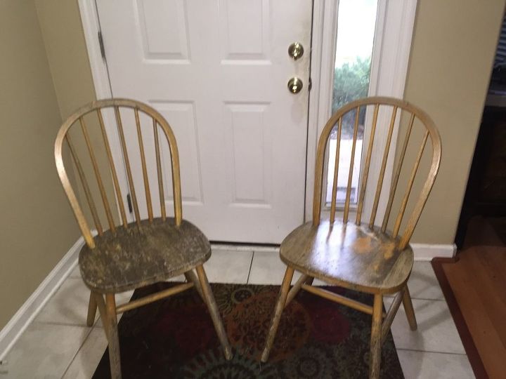 q refurbishing dining set, painted furniture, painting wood furniture, Two of four original chairs 2 missing that s where the benches come in