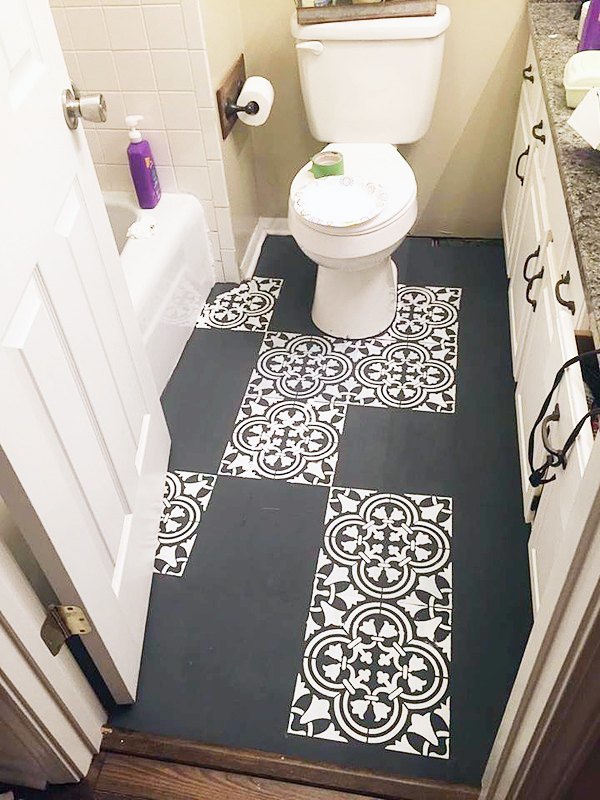 how to stencil a tile pattern on a bathroom floor, bathroom ideas, flooring, how to, painting