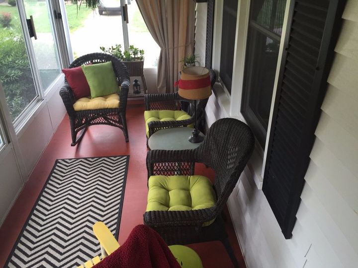 front porch update, concrete masonry, crafts, flooring, lighting, painted furniture, reupholster
